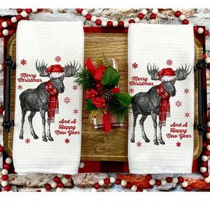 Christmas Tea Towels, Set of 2, Christmas Moose, New, Kitchen and Bath, handmade
